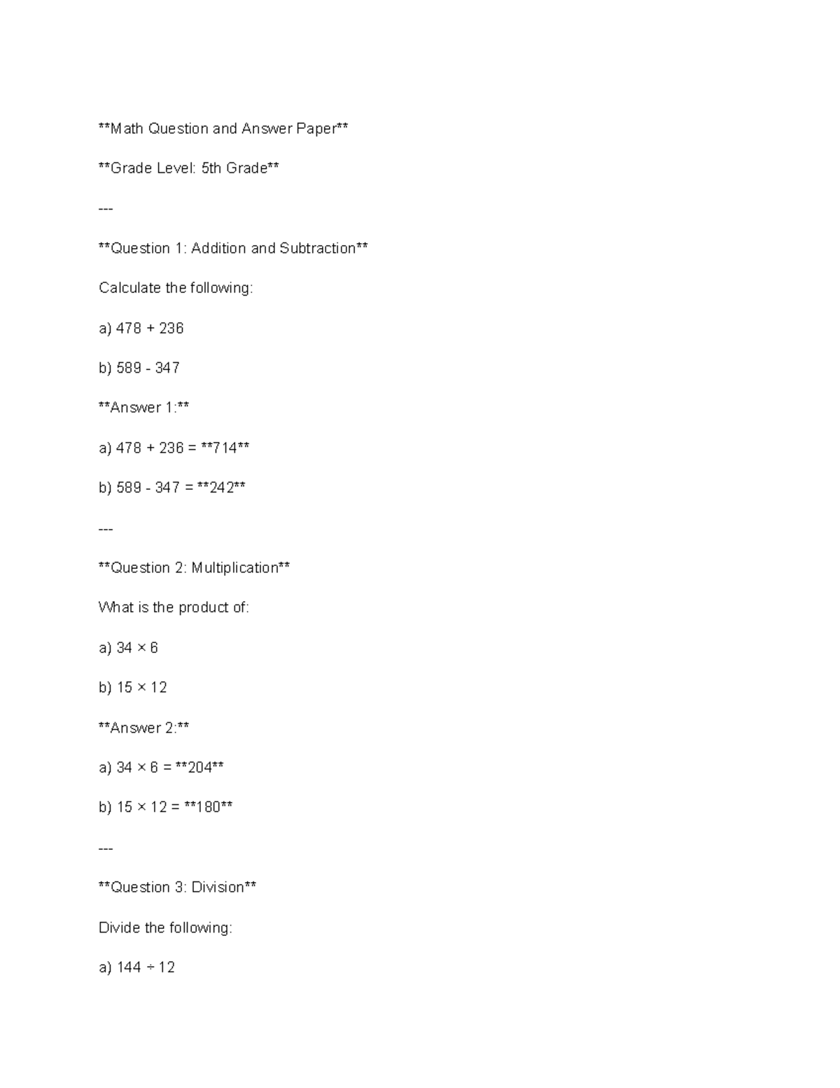 Math Question and Answer Paper - Studocu