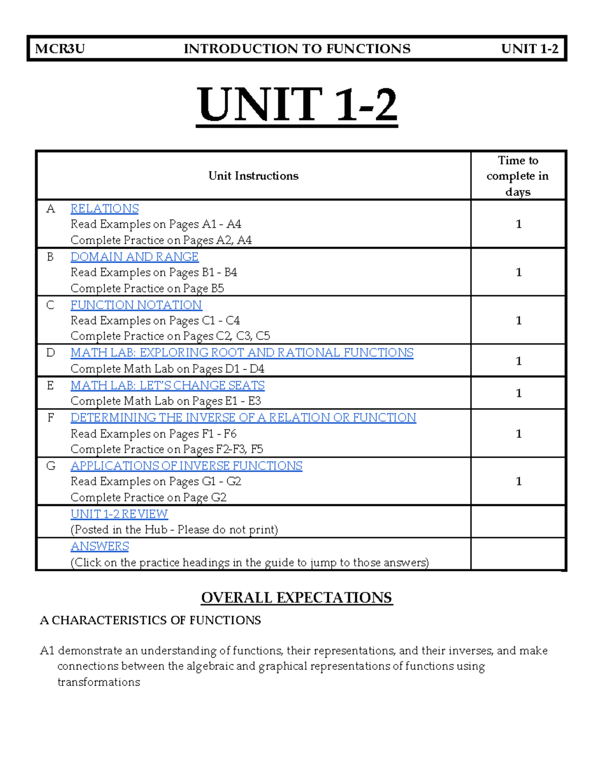 Unit 1-2 - Functions MCR3U Unit 1-2 - UNIT 1- Unit Instructions Time to ...