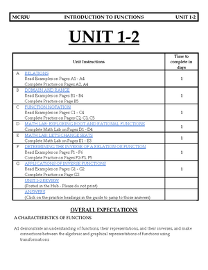 Unit 4 - Functions MCR3U Unit 4 - UNIT 4 Unit Instructions Time To ...