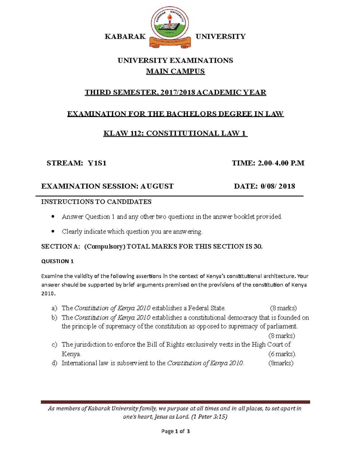 Kabarak University Klaw 1竅ク12 Constitutional Law 1 Kabarak University University Examinations Kabarak University Klaw 1竅ク12 Constitutional Law 1 Kabarak University University Examinations