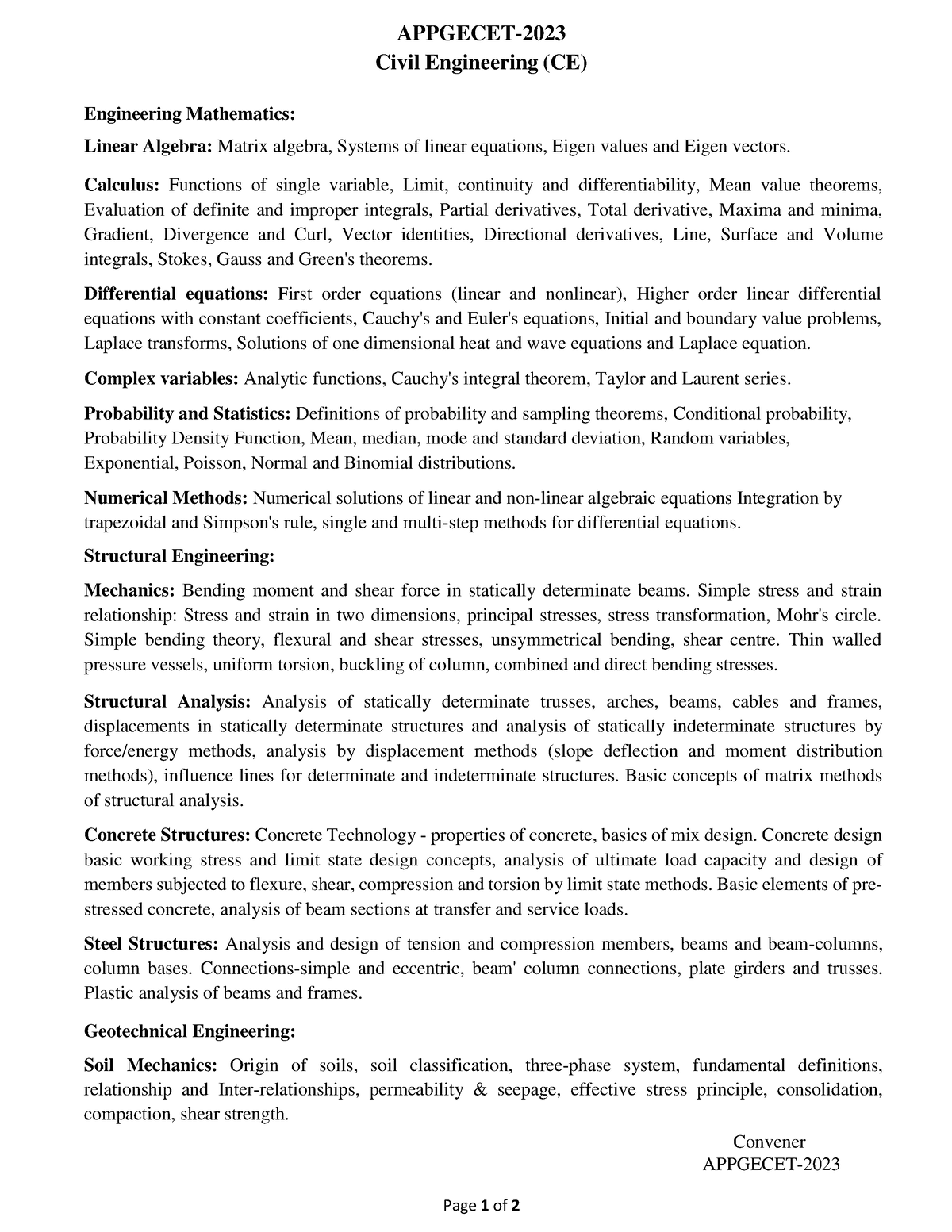 Civil - Convener APPGECET- Page 1 Of 2 APPGECET- Civil Engineering (CE ...