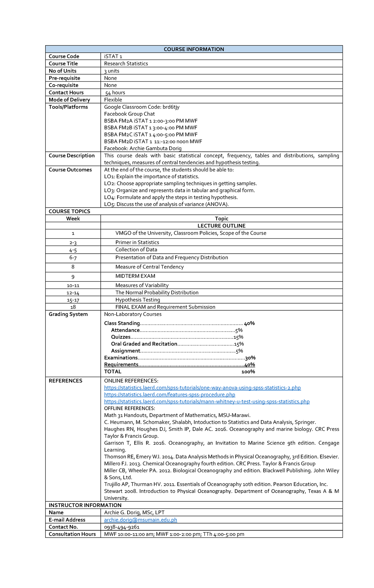 Research Statistics Module 1 - COURSE INFORMATION Course Code iSTAT 1 ...