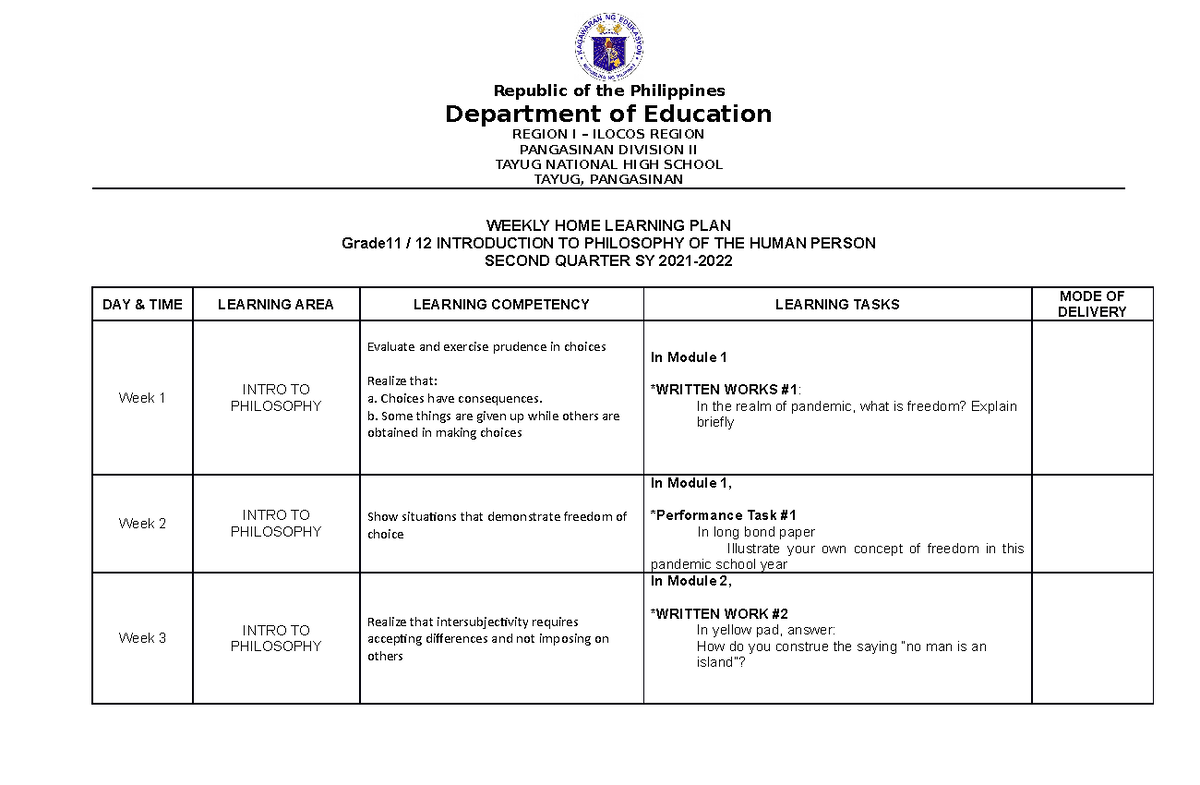 Second Quarter WHLP Philo - Republic of the Philippines Department of ...