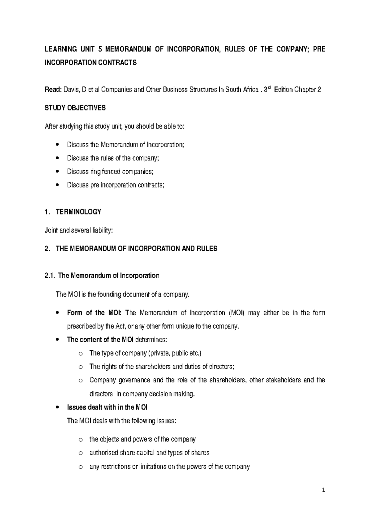 Learning UNIT 5 Memorandum of Incorporation, rules and pre ...