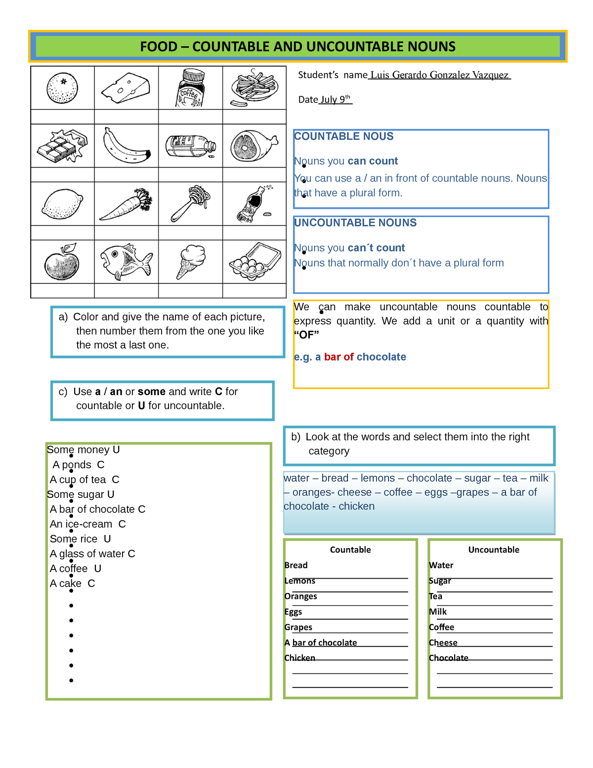 Countable and uncuntable nouns LGGV - COUNTABLE NOUS Nouns you can ...