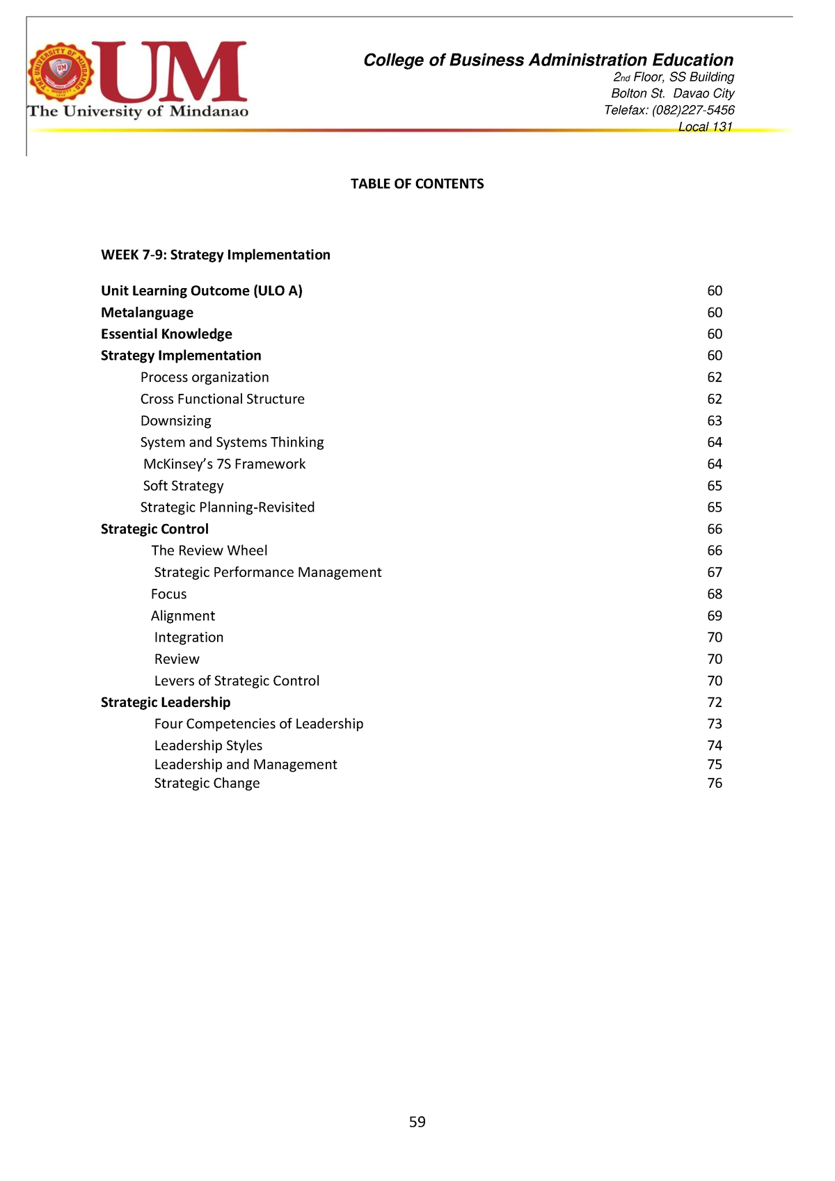 CBM 121 BUS. 5A Module Wk 7-9 - 2 Nd Floor, SS Building TABLE OF ...