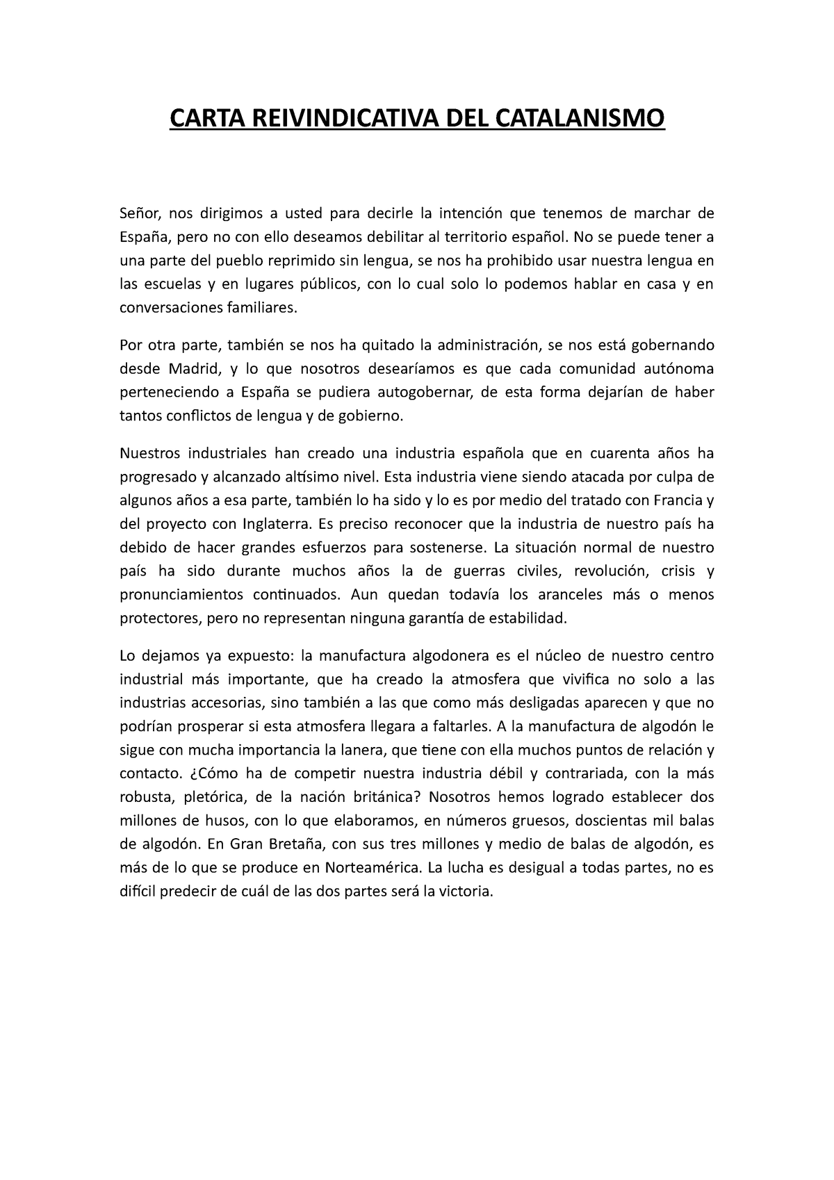 Carta Reivindicativa Del Catalanismo Carta Reivindicativa Del Catalanismo Señor Nos Dirigimos 8202
