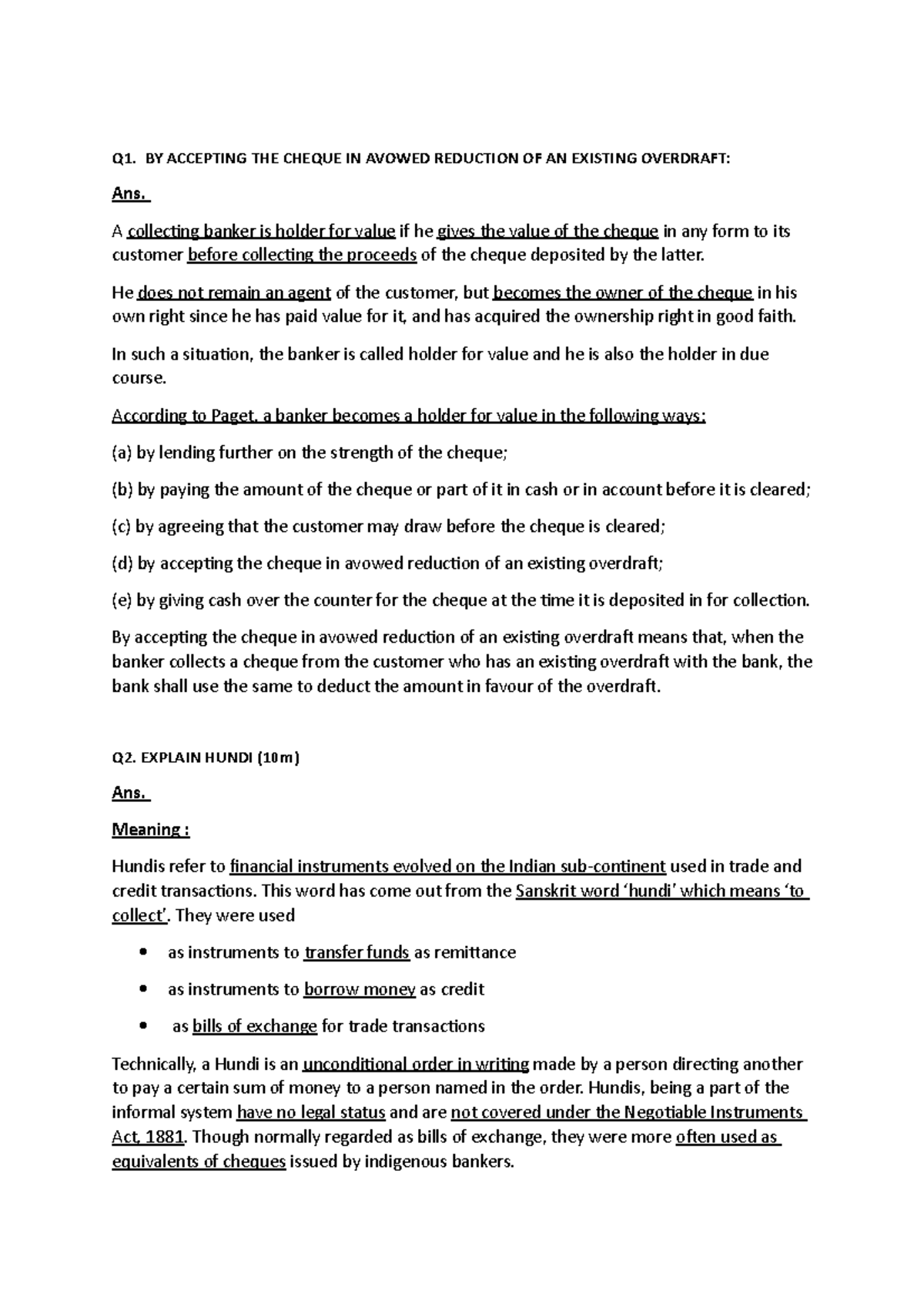 Hundi - Q1. BY ACCEPTING THE CHEQUE IN AVOWED REDUCTION OF AN EXISTING ...