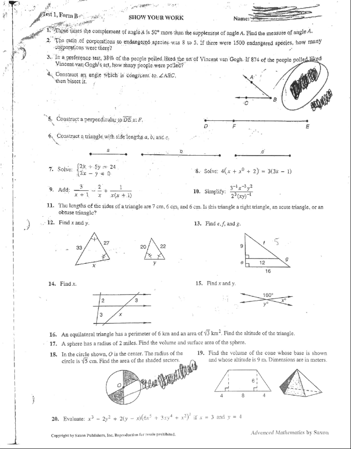 Saxon Advanced Mathematics Test Form 1B - EECE 2750 - Studocu