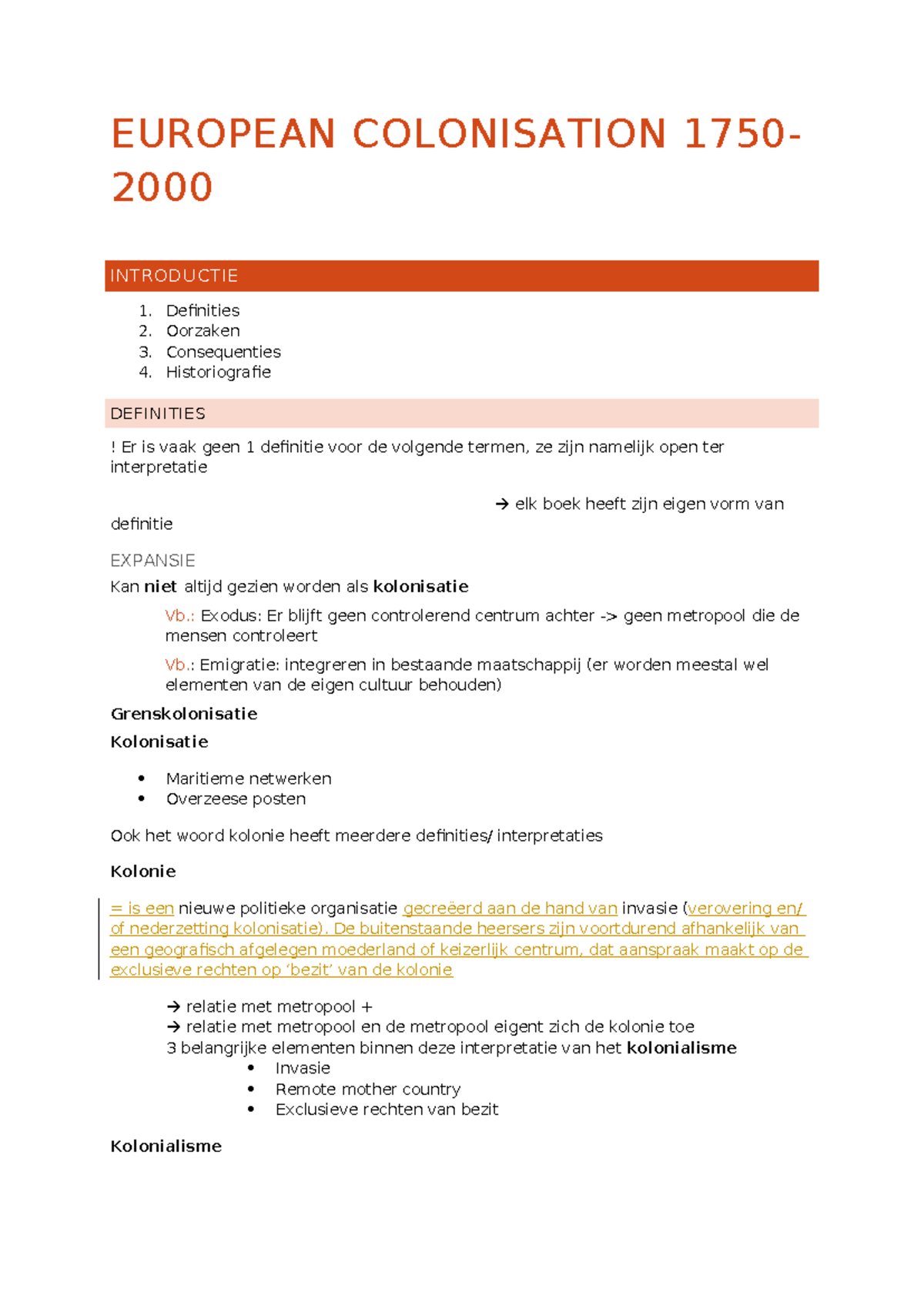 European colonisation samenvatting - EUROPEAN COLONISATION 1750- 2000 ...