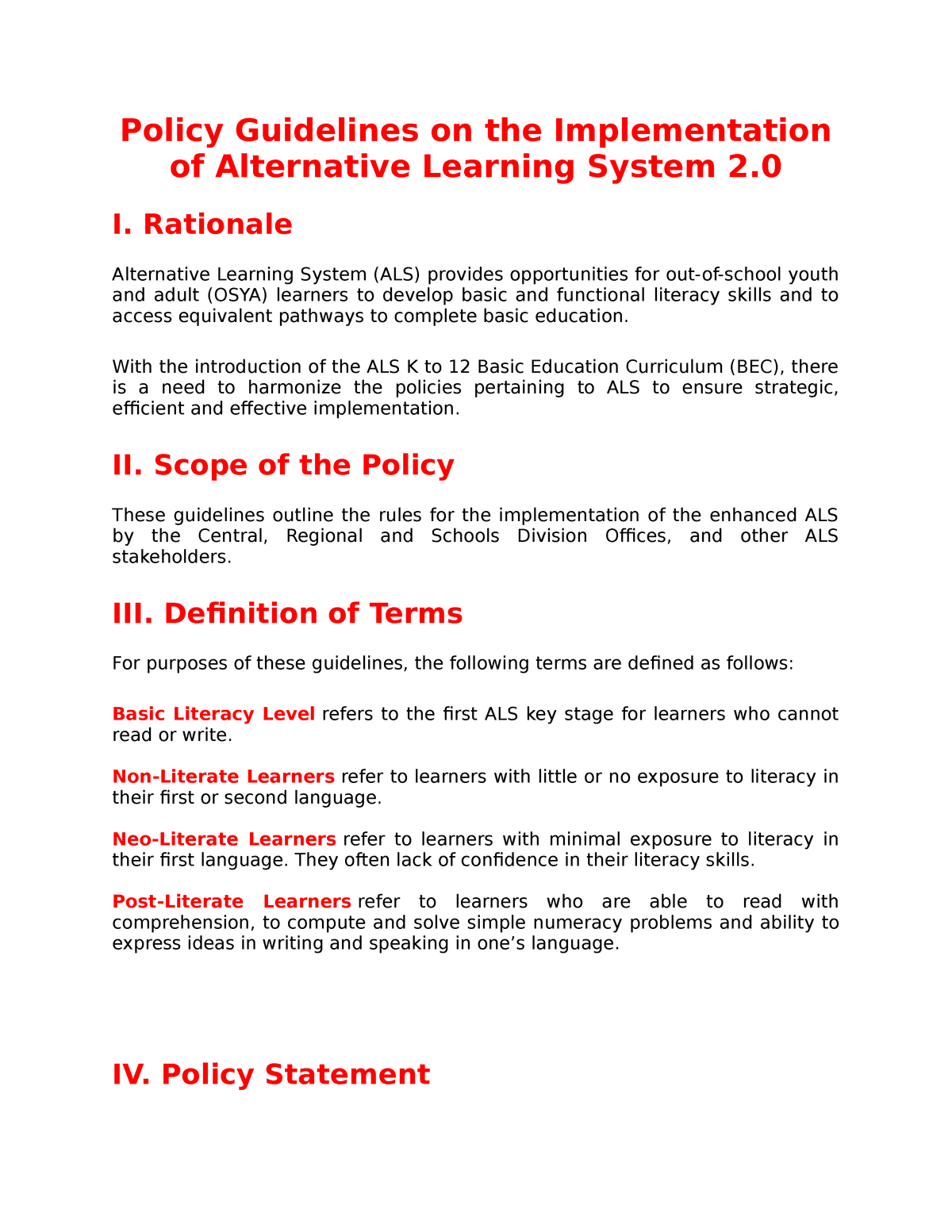 research title about alternative learning system