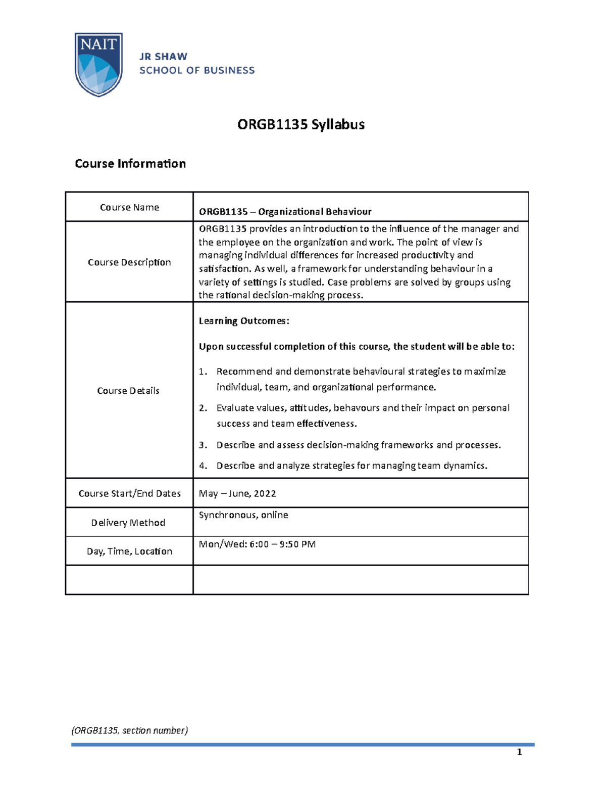 ORGB1135 Syllabus, 2021 - 22 - ORGB1135 Syllabus Course Information ...