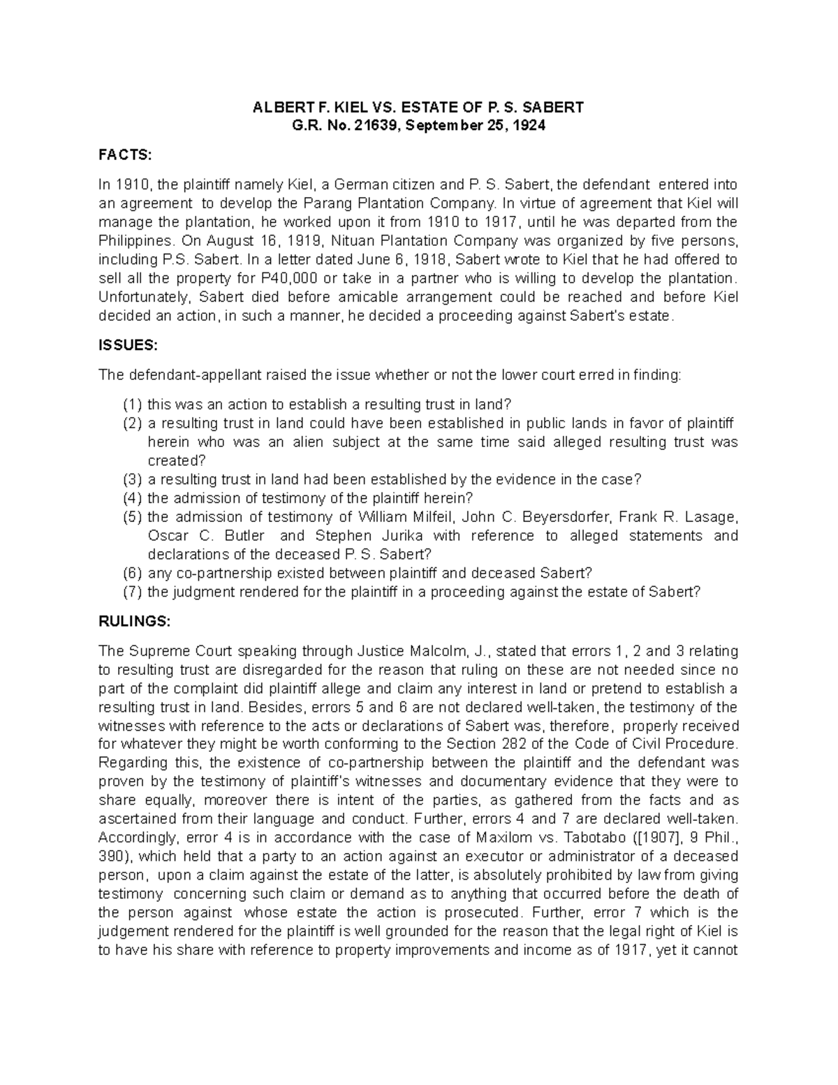 KIEL VS Sabert - Lecture notes 1-2 - ALBERT F. KIEL VS. ESTATE OF P. S ...