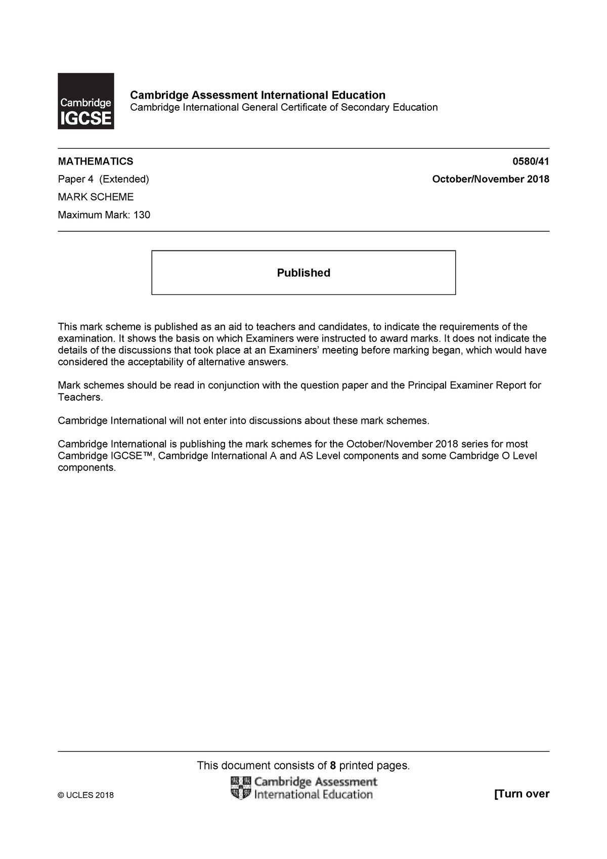 0580 w18 ms 41-CIE- Igcse-Maths - This document consists of 8 printed ...