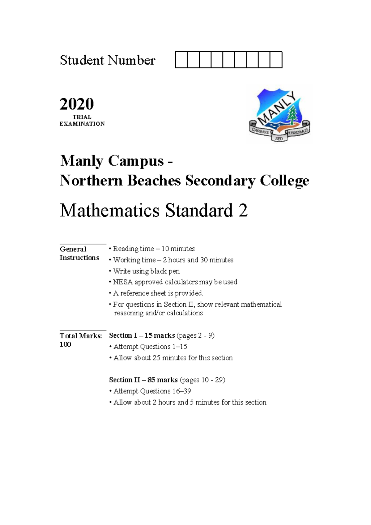 2020 MS - Manly - Trial Paper (with Solutions) - Student Number 2020 ...