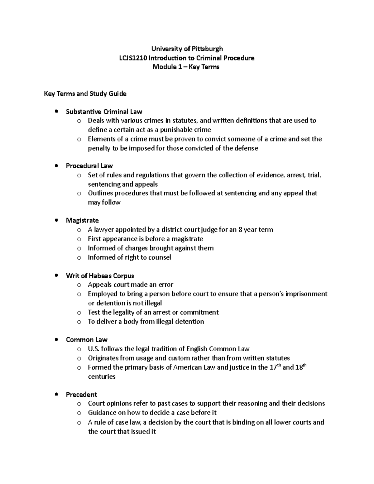 Introduction to Criminal Procedure Key Terms - University of Pittsburgh ...