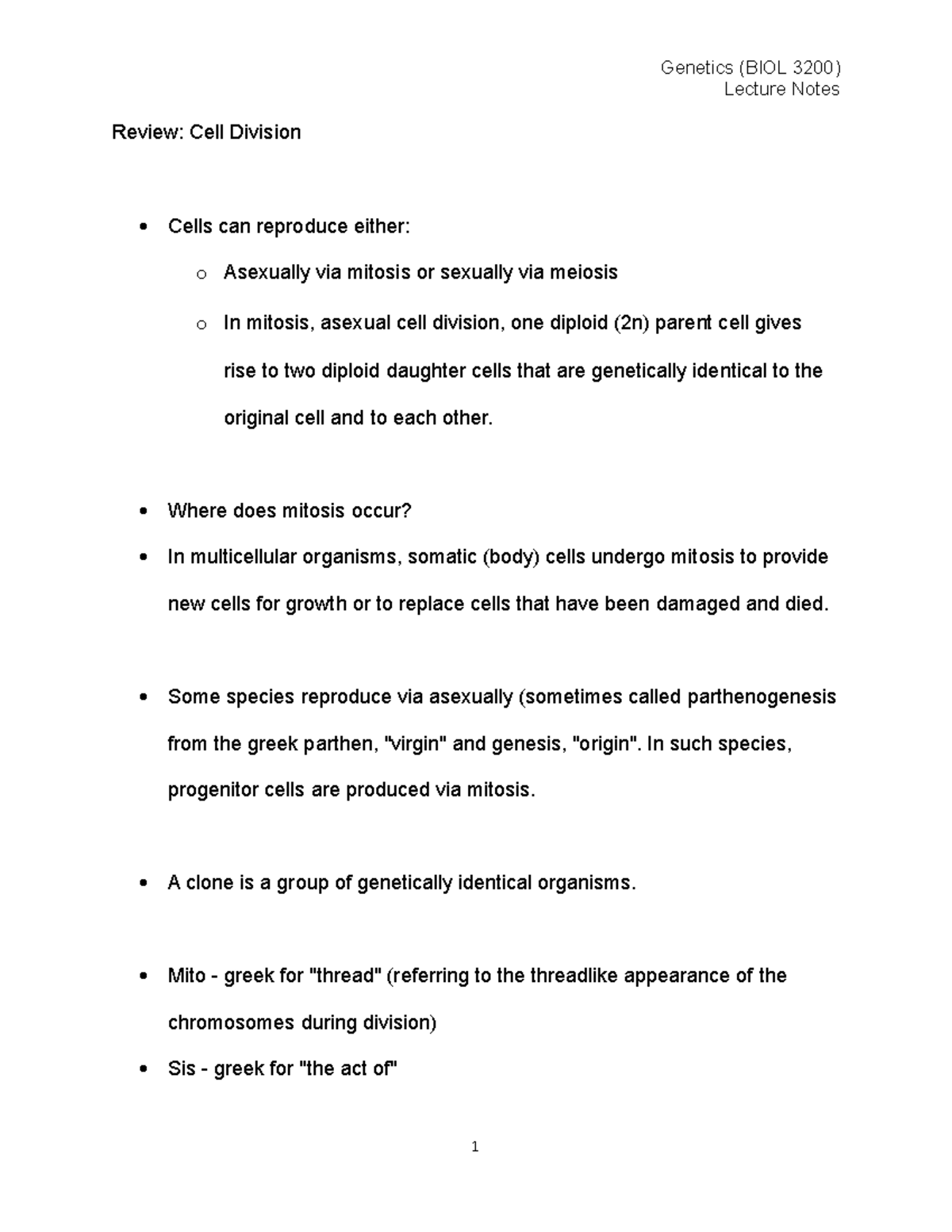 2021 Introductory Genetics Biol 3200 Lecture Notes Cell Division Review