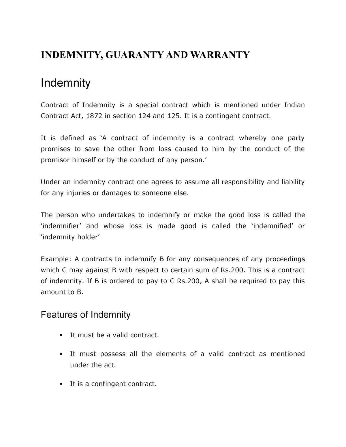 Guaranty AND Warranty CONTRACT NOTES INDEMNITY, GUARANTY AND