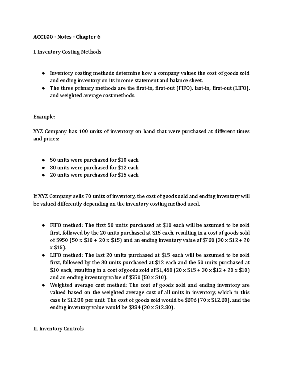 ACC100 - Notes - Chapter 6 - Inventory Costing Methods Inventory ...