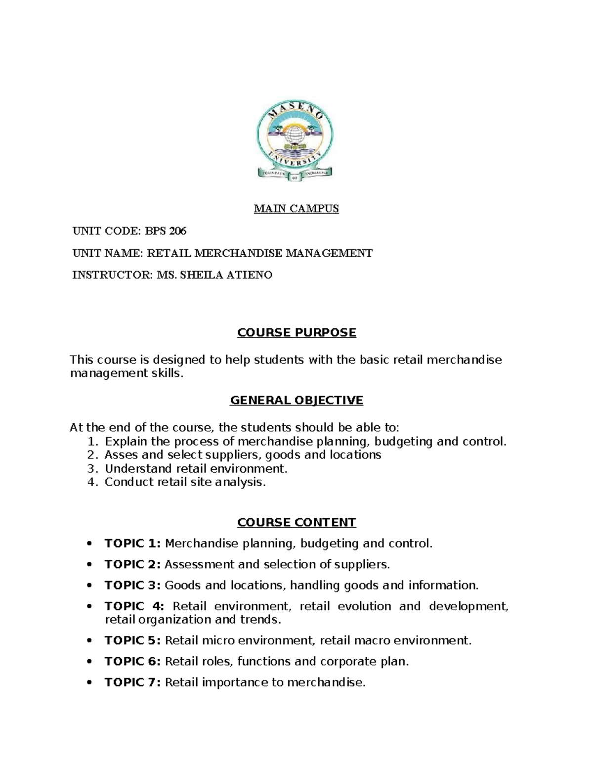 BPS 206 Course Outline - MAIN CAMPUS UNIT CODE: BPS 206 UNIT NAME ...