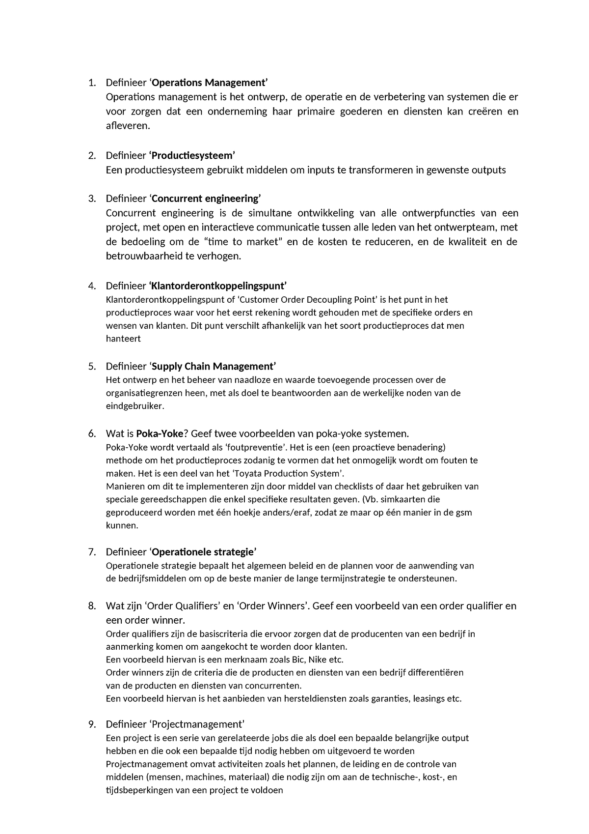 Begrippen Operationeel Bedrijfsmanagement - 1. Definieer ‘Operations ...