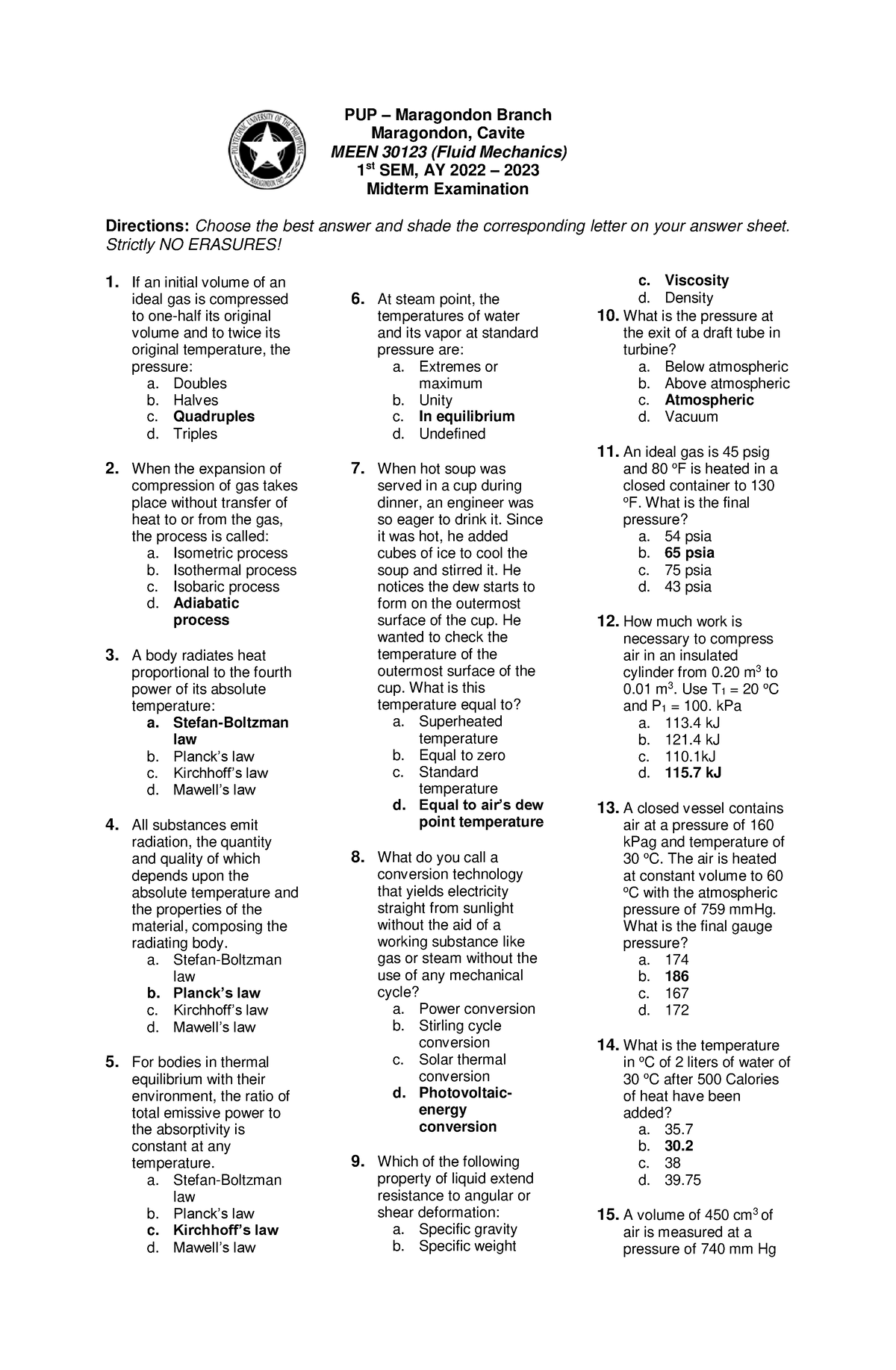 Midterm-Exam-2 - Exam Problems For Fluid Mechanics - PUP – Maragondon ...