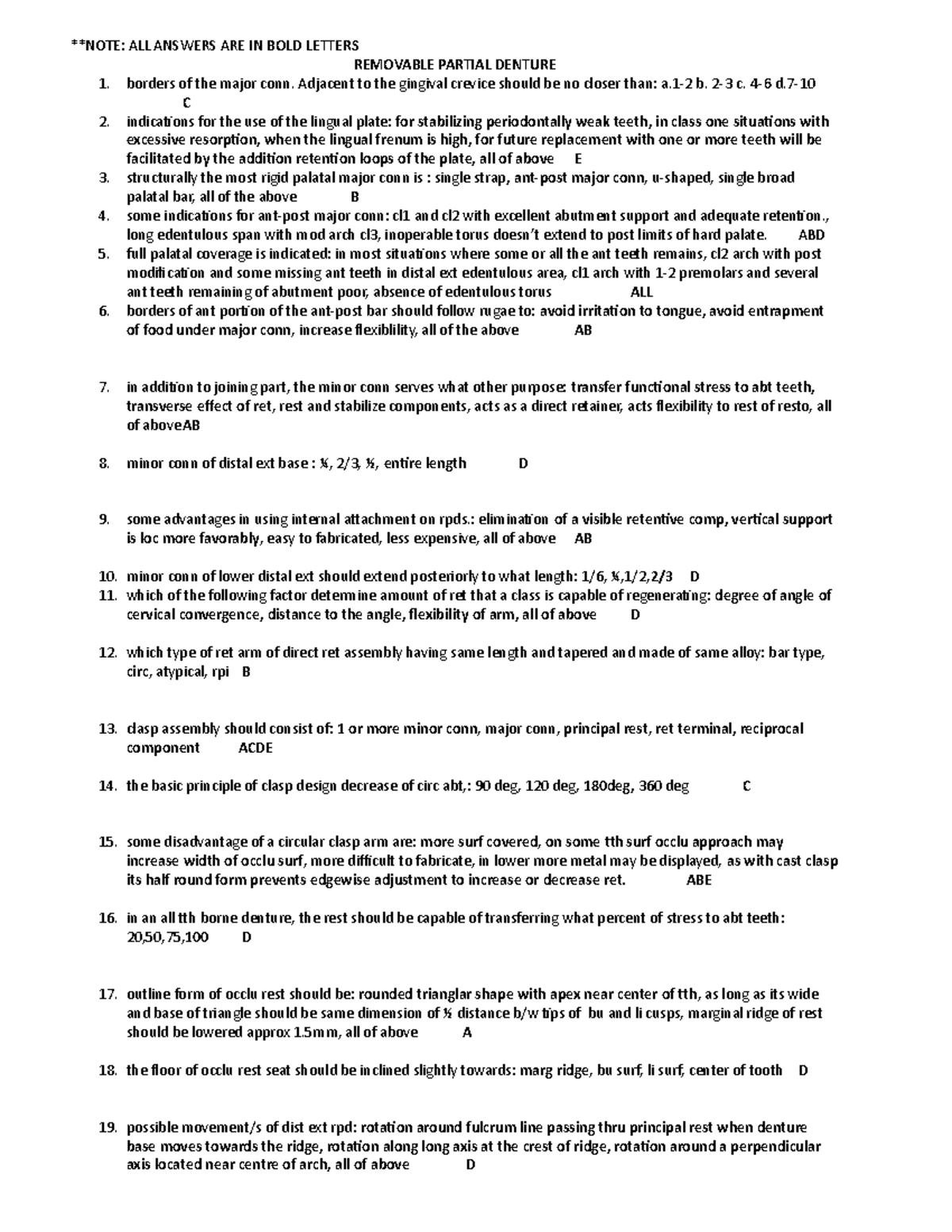 Prosthodontics - Practice Materials - **NOTE: ALL ANSWERS ARE IN BOLD ...