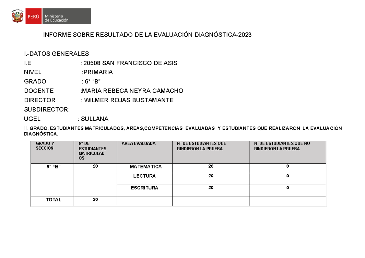 Informe Sobre Resultado DE LA Evaluación Diagnóstica Quinto Grado A