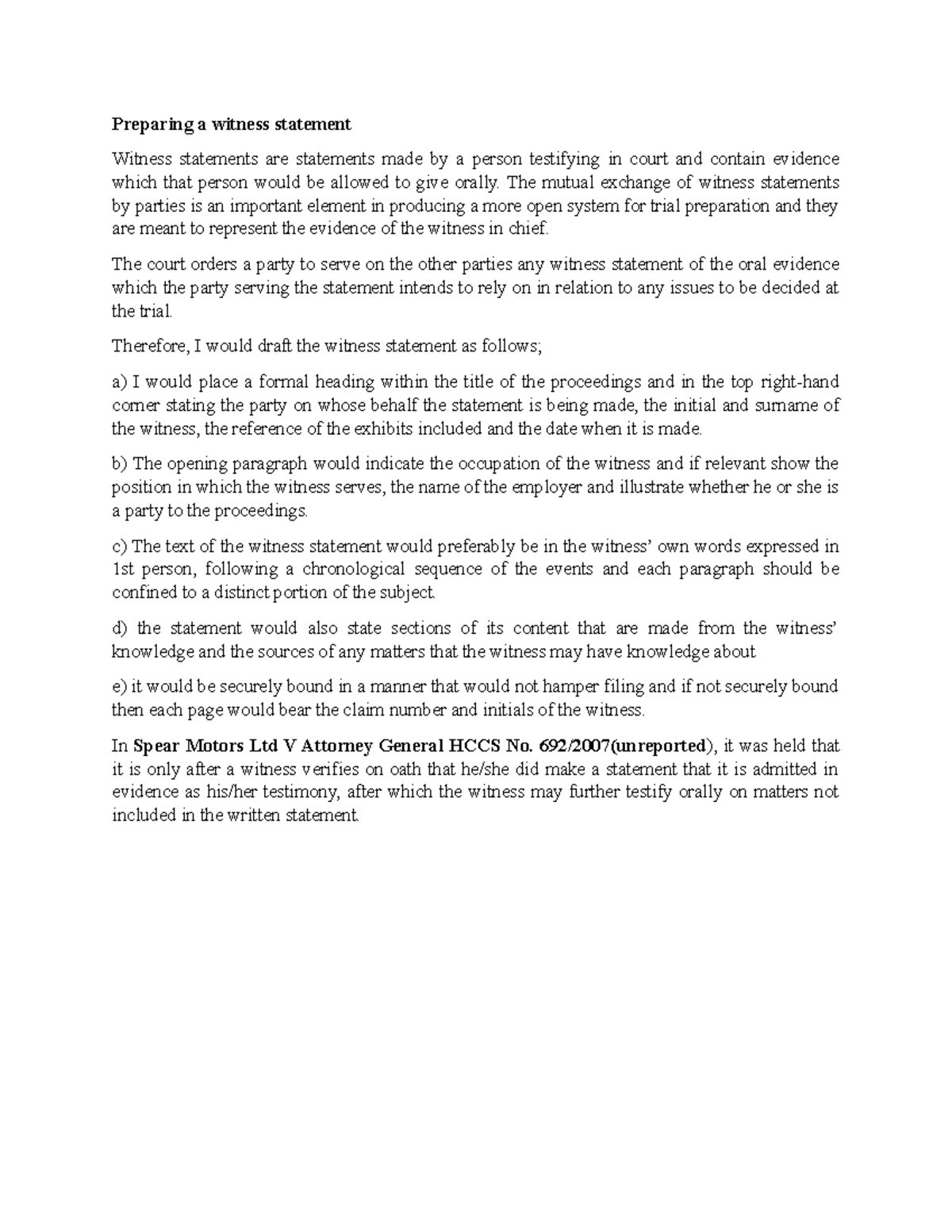 Preparing a witness statement Preparing a witness statement Witness