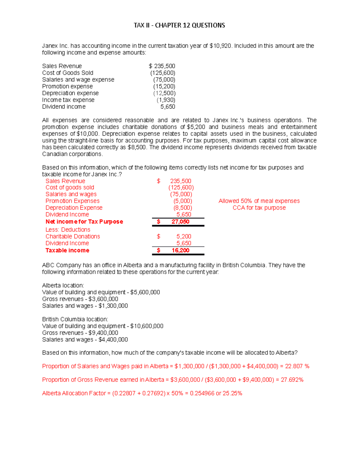 Chapter 12 Questions - Janex Inc. has accounting income in the current ...