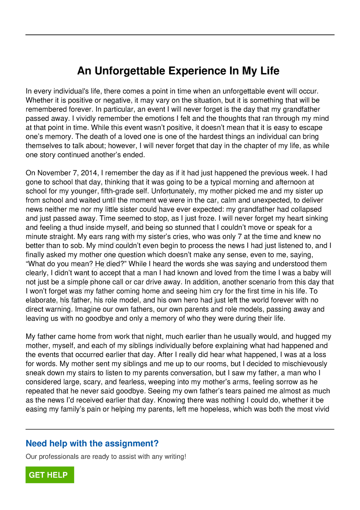 essay about unforgettable experience in my life