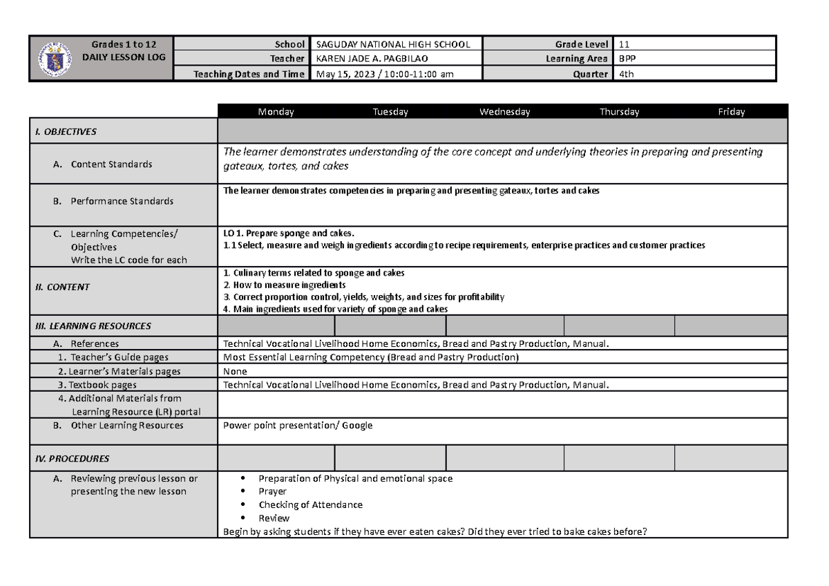 DLL 1 Dll in bread and pastry Grades 1 to 12 DAILY LESSON LOG