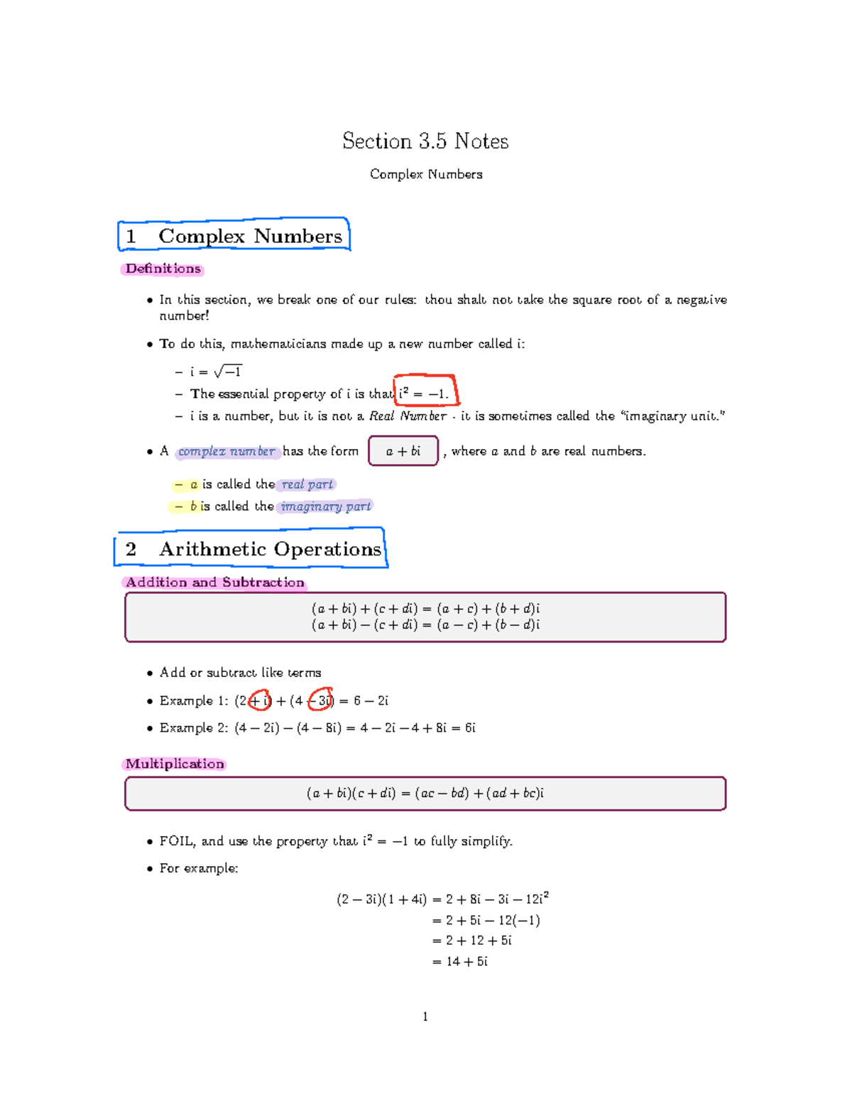 Complex Numbers - Math 126 Notes with Professor Yo - Section 3 Notes ...