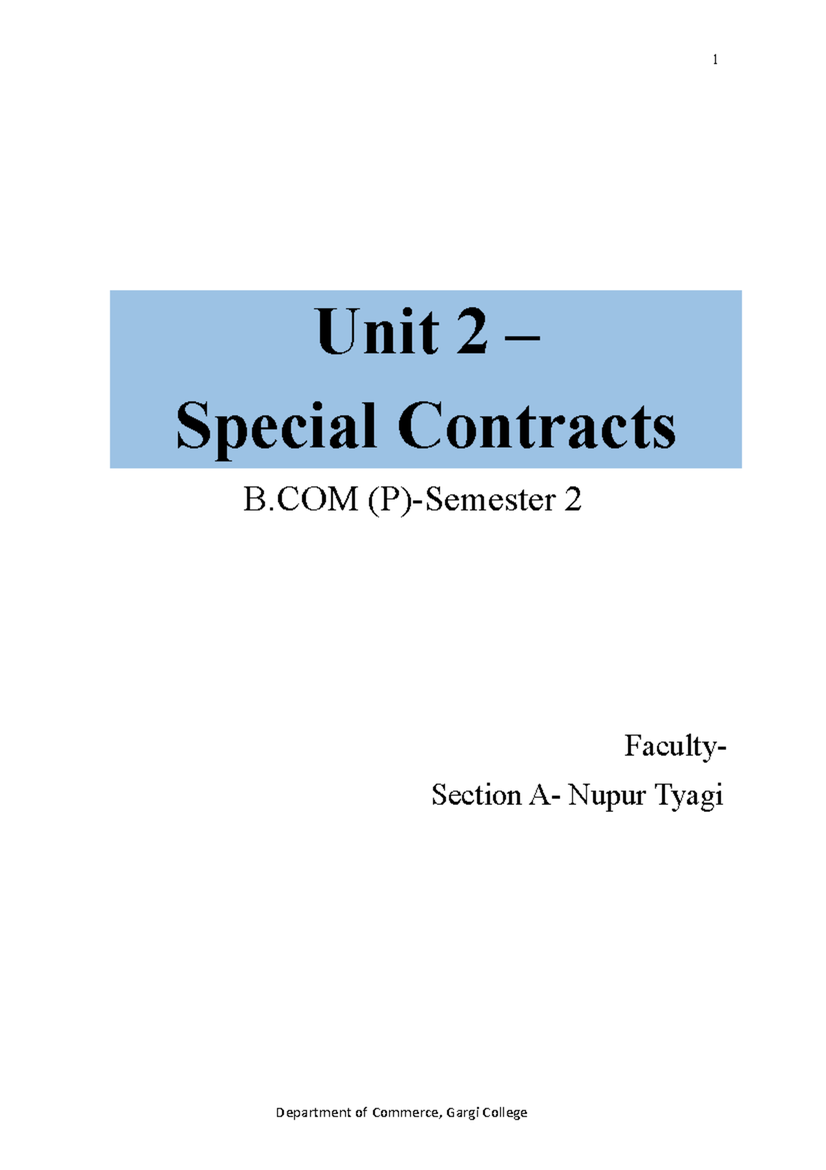 Unit 2 Special Contracts - 1 Department Of Commerce, Gargi College Unit ...