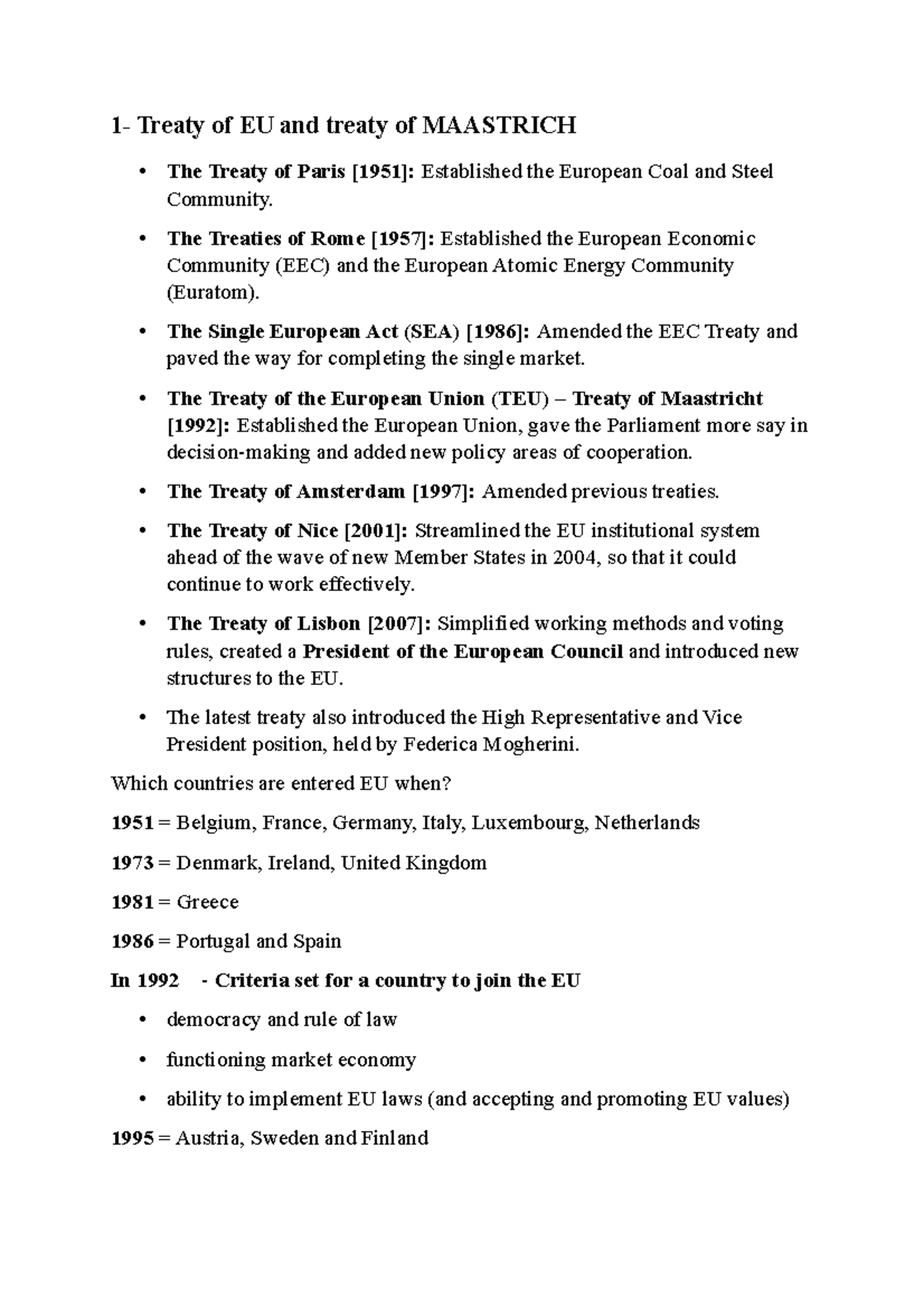 Politics in Europe notes - 1- Treaty of EU and treaty of MAASTRICH ...
