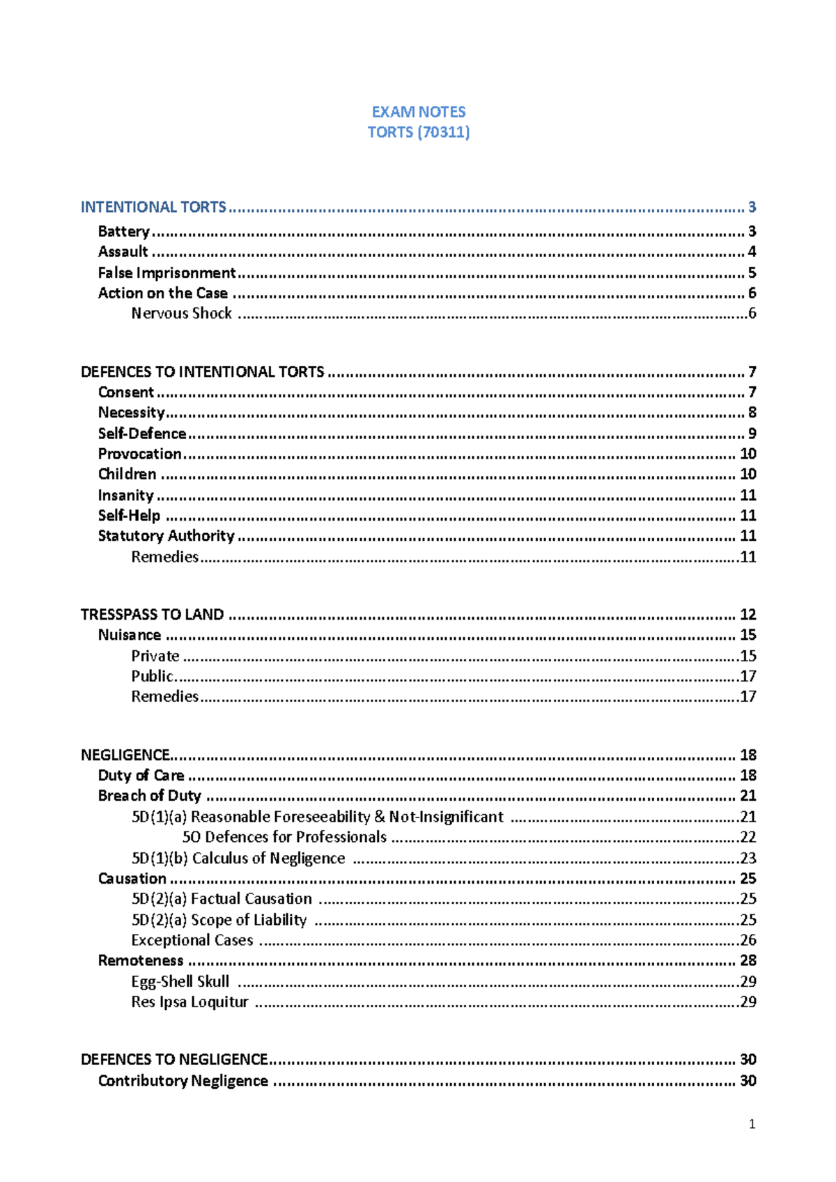 18737-sample - EXAM NOTES INTENTIONAL TORTS TORTS (70311) Battery ...