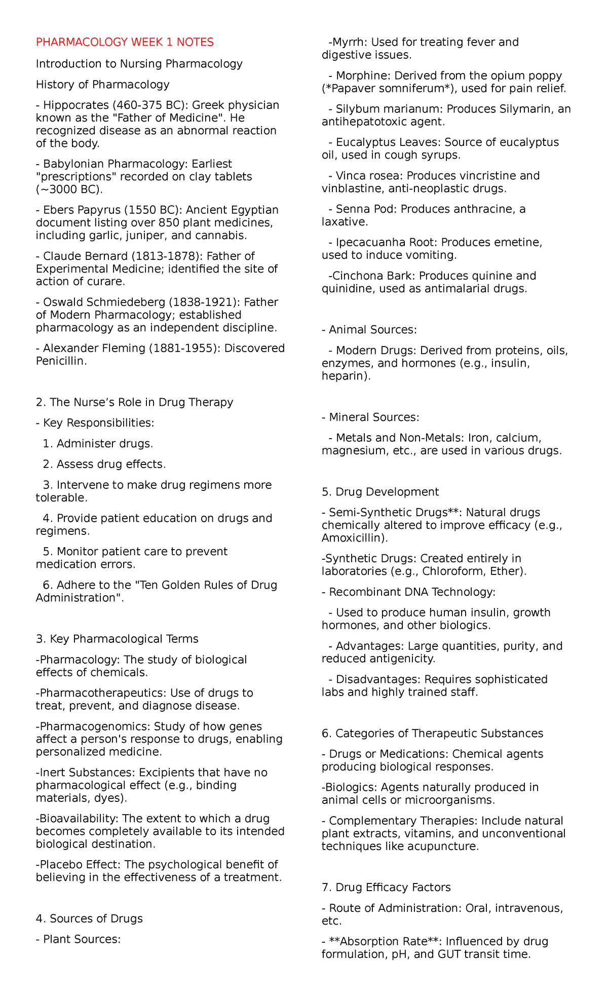 Pharma week 1 - PHARMACOLOGY WEEK 1 NOTES Introduction to Nursing ...