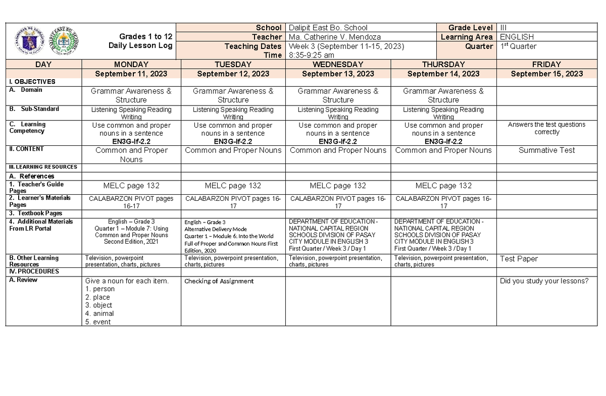 DLL- English-Q1-WEEK 3 - Grades 1 to 12 Daily Lesson Log School Dalipit ...