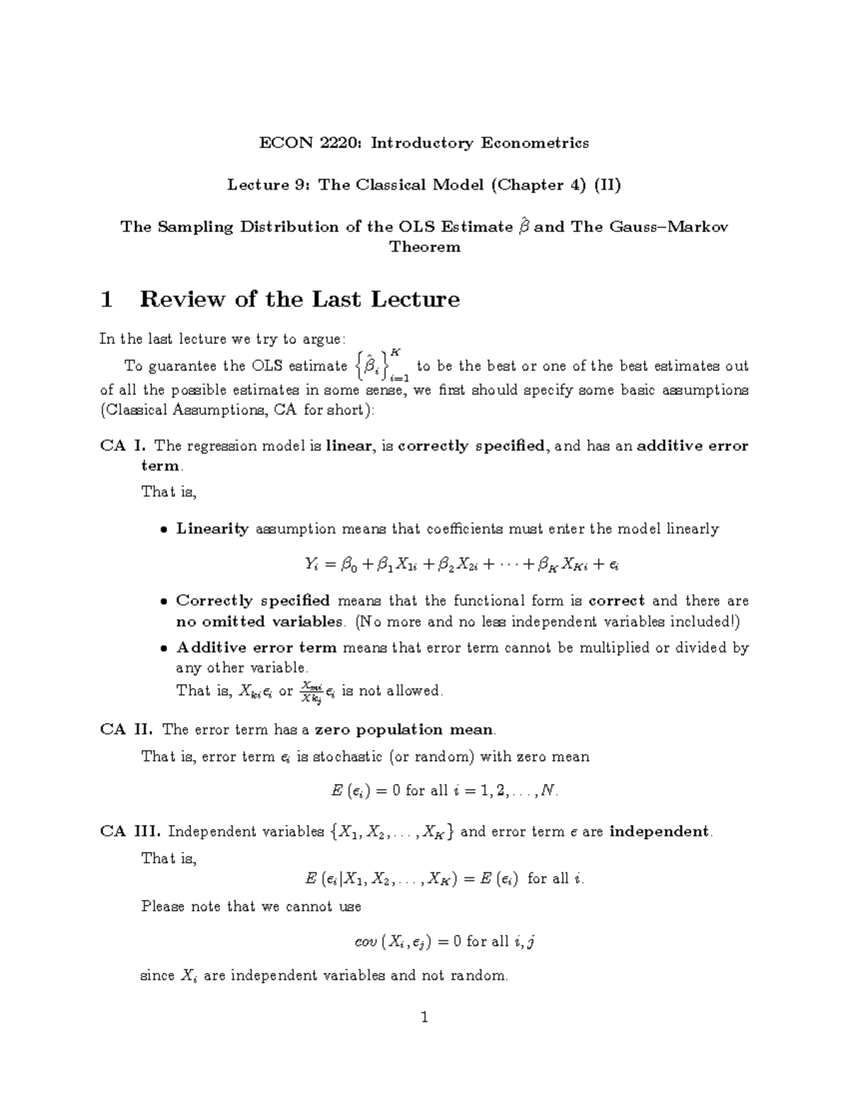 ECON 2220 Lecture 9 ECON 2220 Introductory Econometrics Lecture 9