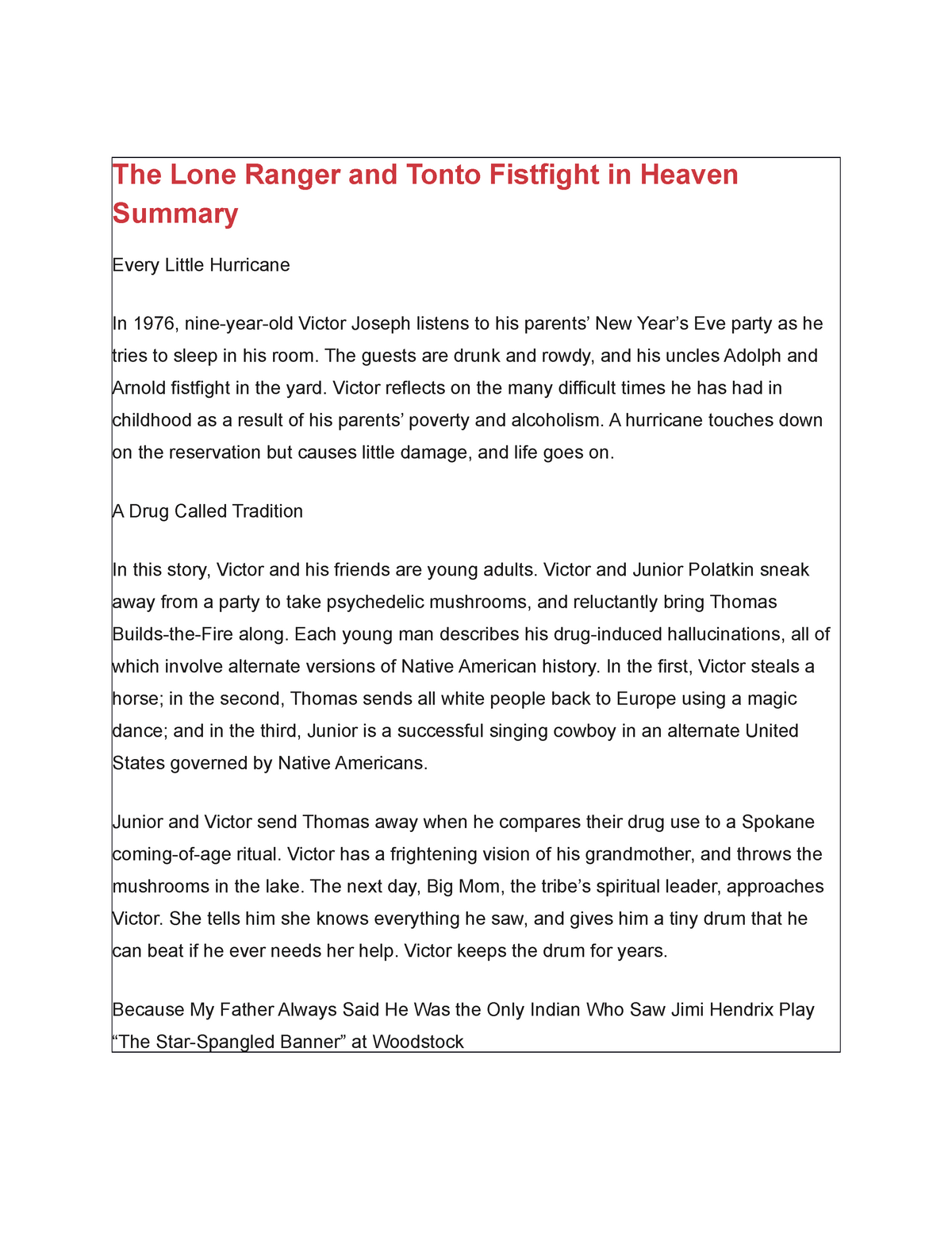the lone ranger and tonto fistfight in heaven summary