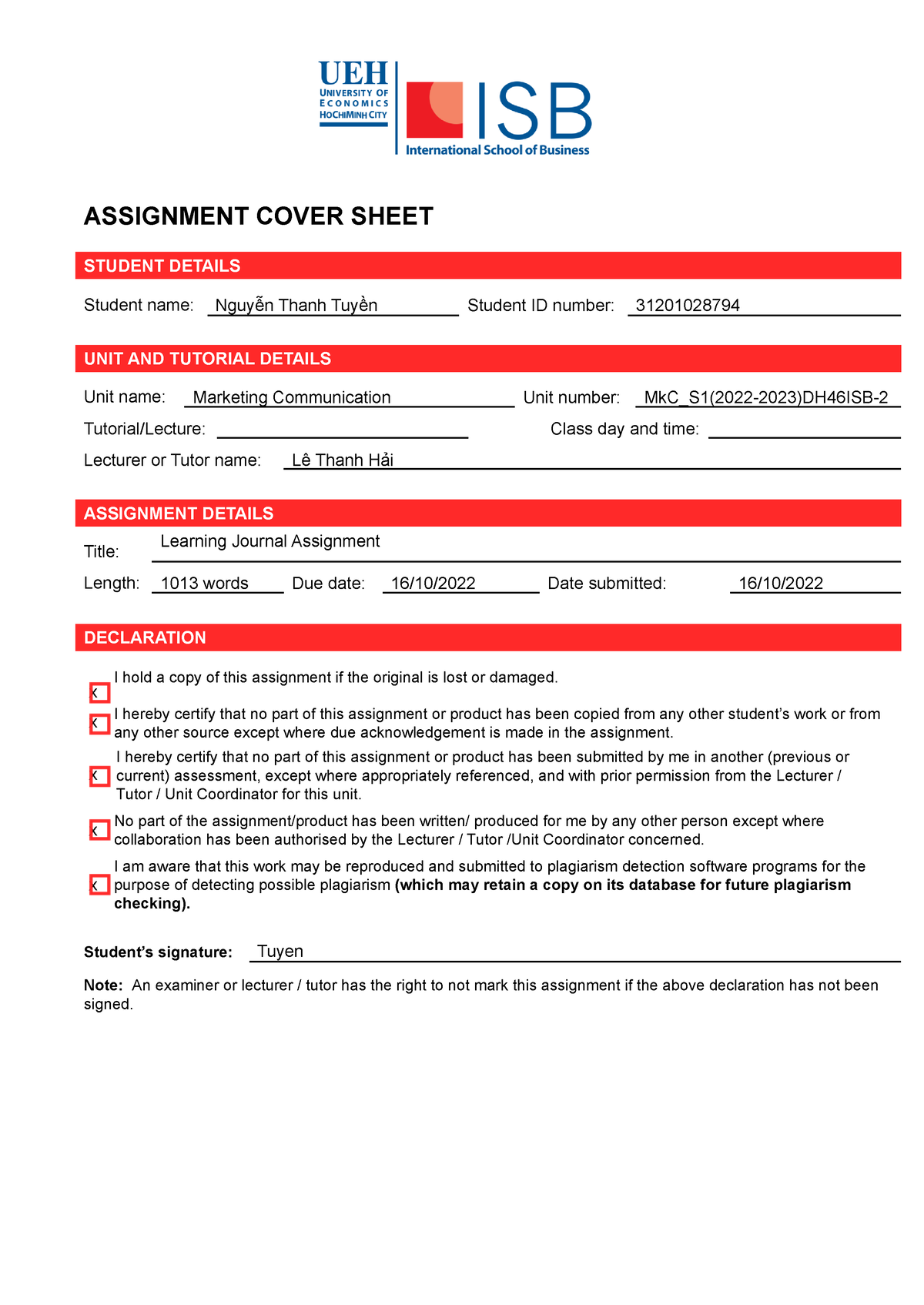 nci assignment cover sheet
