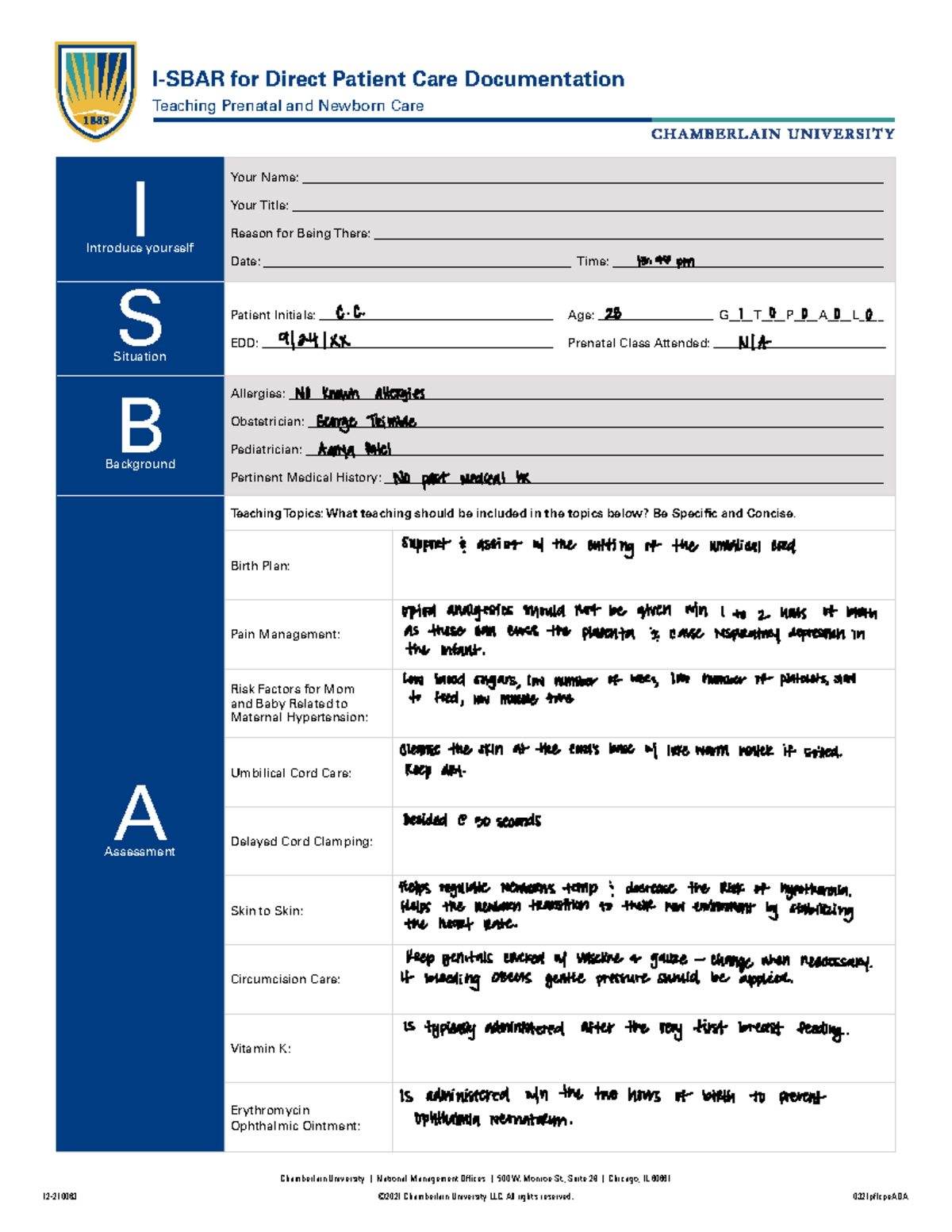 SBAR practice worksheet - 12-210063 ©2021 Chamberlain University LLC