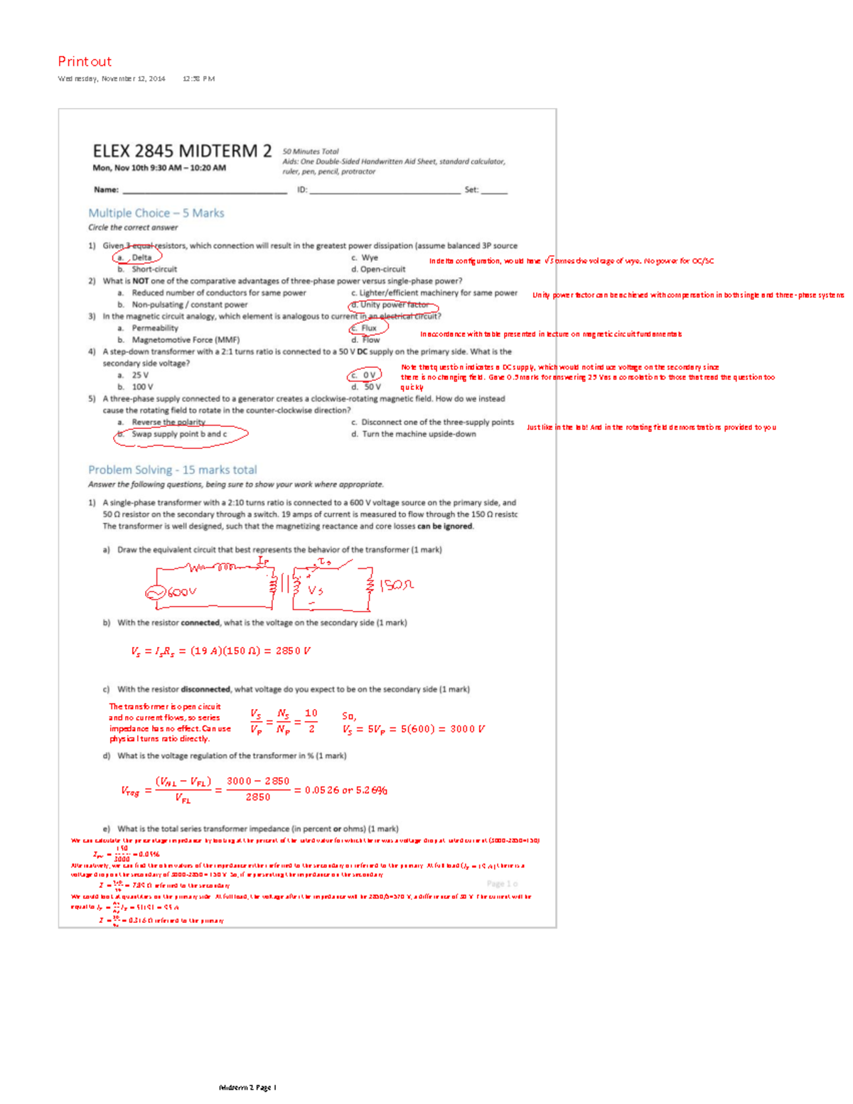Midterm 2 16 November Fall 2014, questions and answers - Printout ...