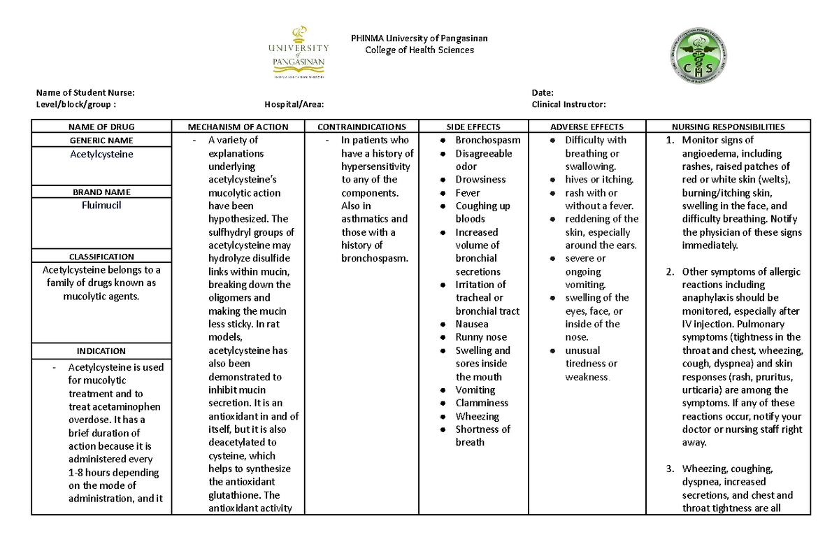 Drug Study Template Pneumonia - PHINMA University of Pangasinan College ...