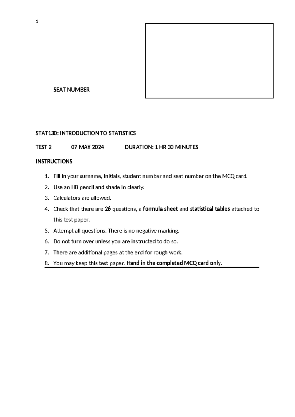 2024 STAT130 S1 test 2 - stat 130 - SEAT NUMBER STAT130: INTRODUCTION ...