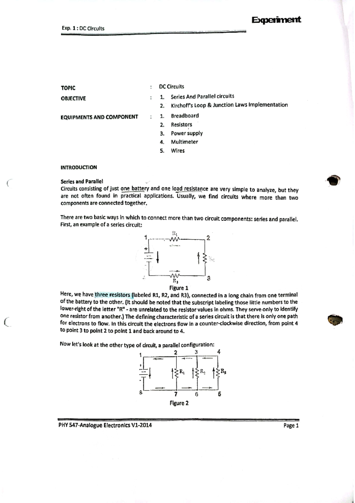 PHY547 Lab ManualExp1 Analogue Electronic Studocu