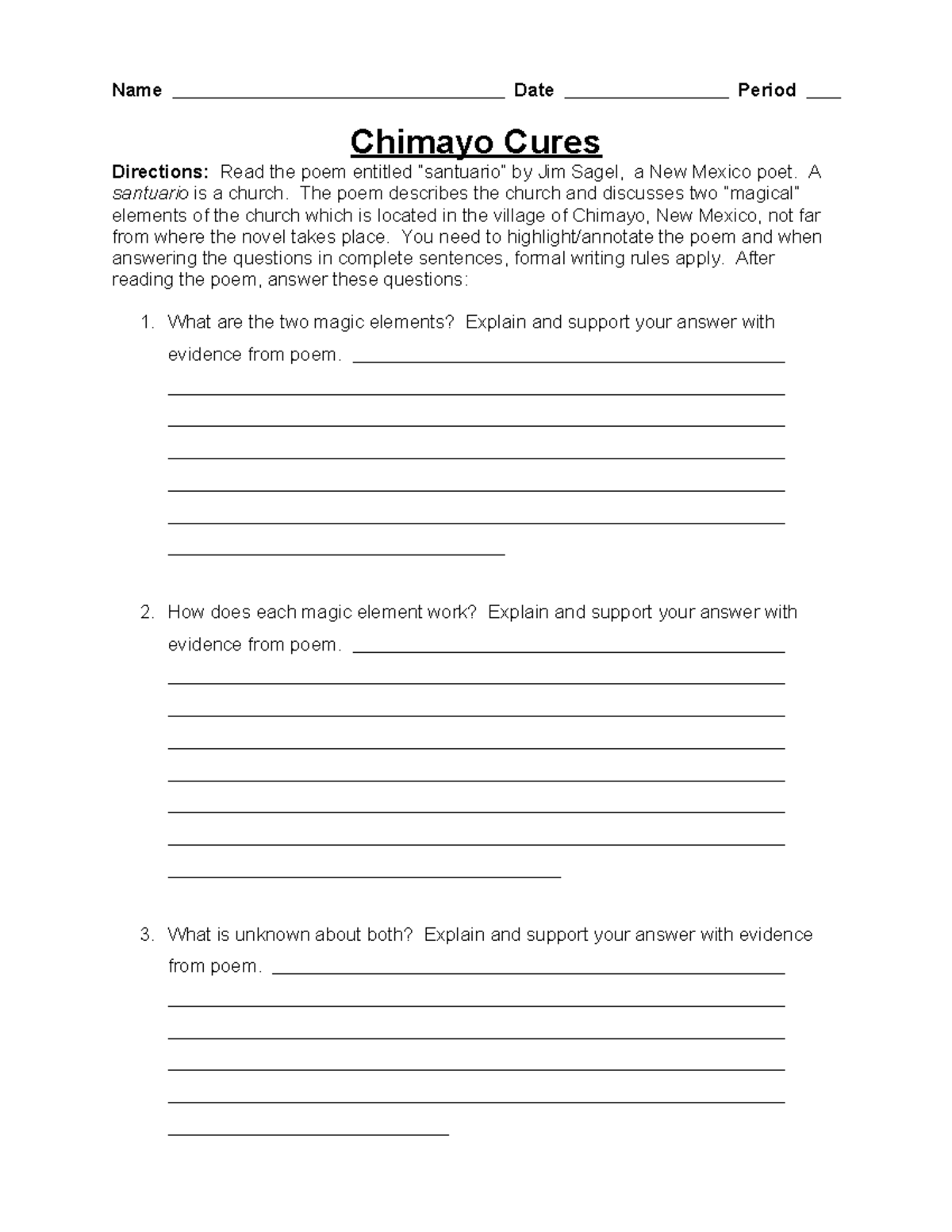 Chimayo Cures Handout for santuario Poem Name Date Period Chimayo