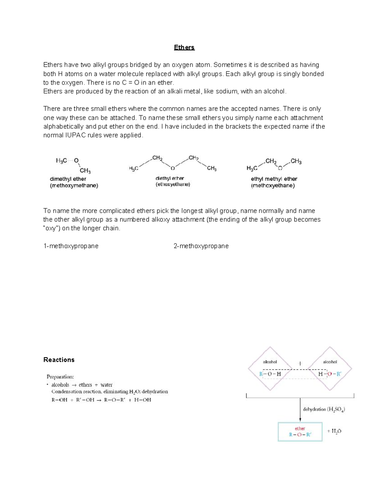 Ethers Note and Practice - Ethers Ethers have two alkyl groups bridged ...