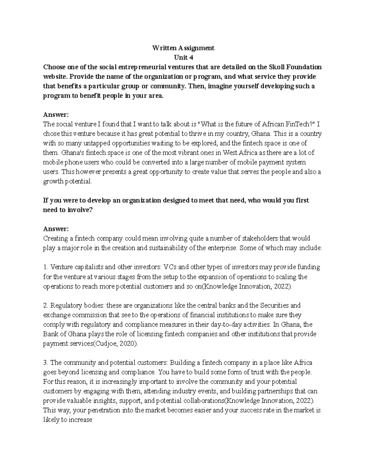 Ent WA4 - Entrepreneurship 4, week 4, unit 4, written assignment ...