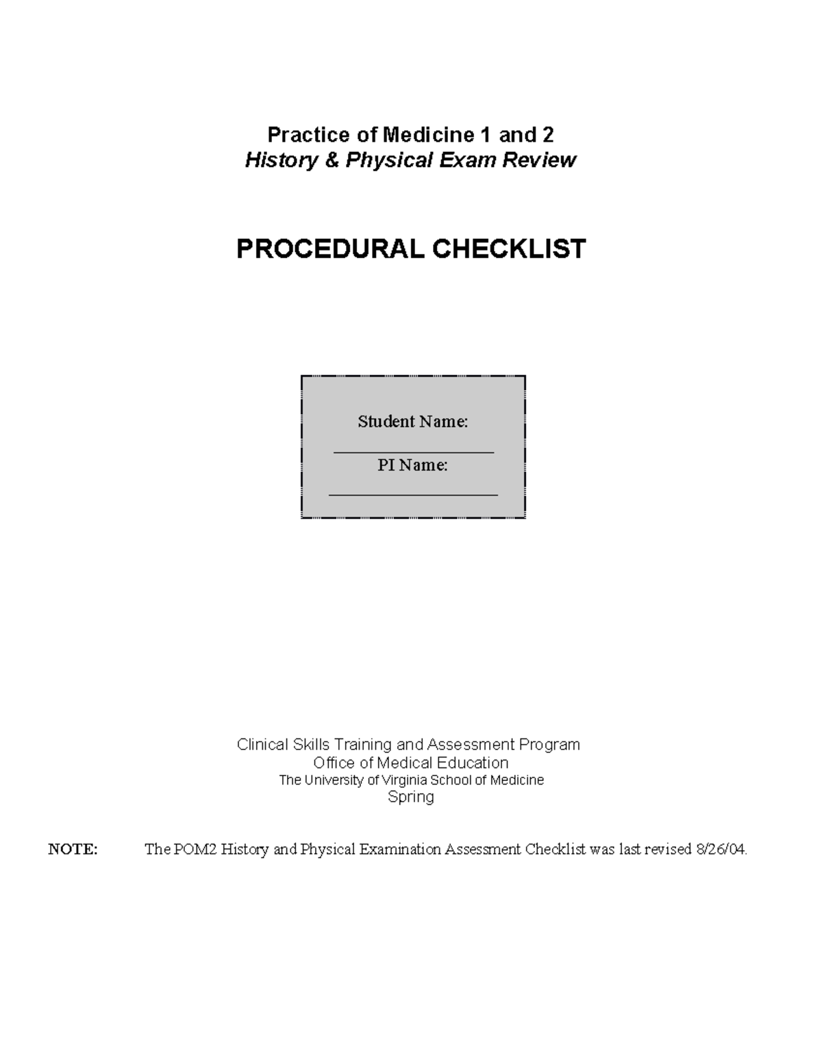 08 H&P Procedural checklist 09 Practice of Medicine 1 and 2 History Physical Exam Review Studocu